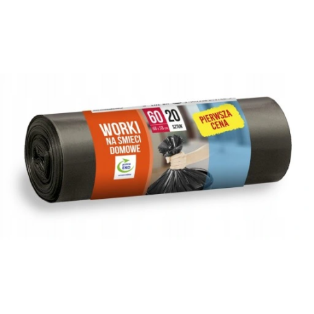 PIERWSZA CENA DOMOWE WORKI NA ŚMIECI DO ODPADÓW ZMIESZANYCH CZARNE 60L 20SZTUK