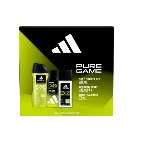 ADIDAS PURE GAME ZESTAW PREZENTOWY PIELĘGNACYJNY DEZODORANT PERFUMOWANY75ML+DEZODORANT150ML+ŻEL POD PRYSZNIC 250ML